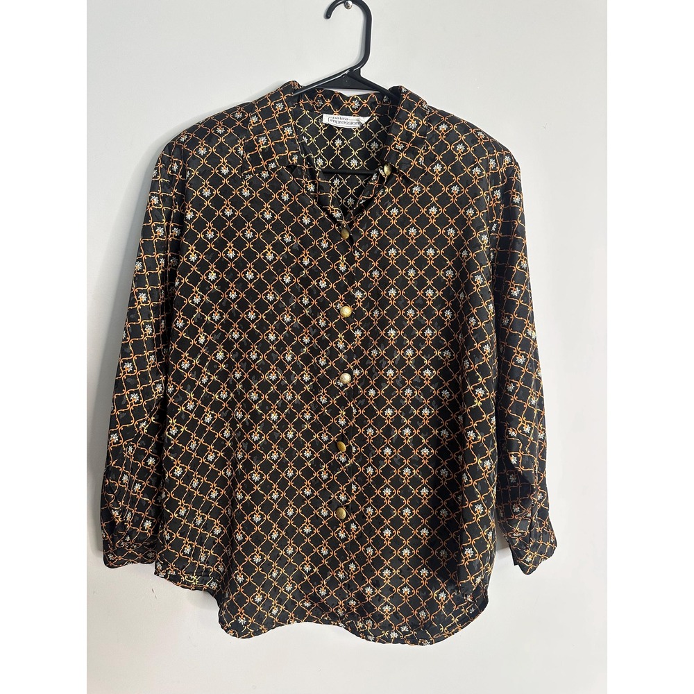 Vintage Petite Impressions Black Gold Silky Button Up Blouse Long Sleeve Top